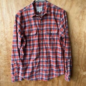 lucky Brand Saturday Stretch Long Sleeve Orange Red Plaid Shirt